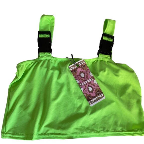 Boo Hoo 2 Piece Shorts Crop Top Womens Sz 6 Small Lime Green Buckle Detail New - Picture 3 of 11